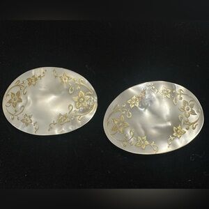 Vintage TipToe Shoe Clips France Lucite Mother of Pearl Goldtone Floral Inlay
